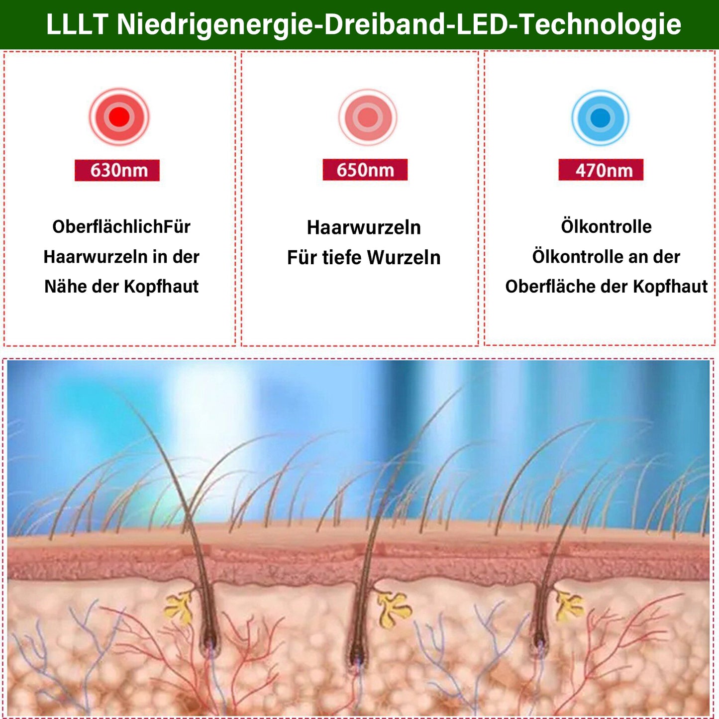 Sugoola™ LLLT Niedrige Energie Rot Blau Licht Bestrahlung Haar Haarwuchs und Öl Kontrolle Kopfhaut Pflege Kappe (FDA-zugelassen)