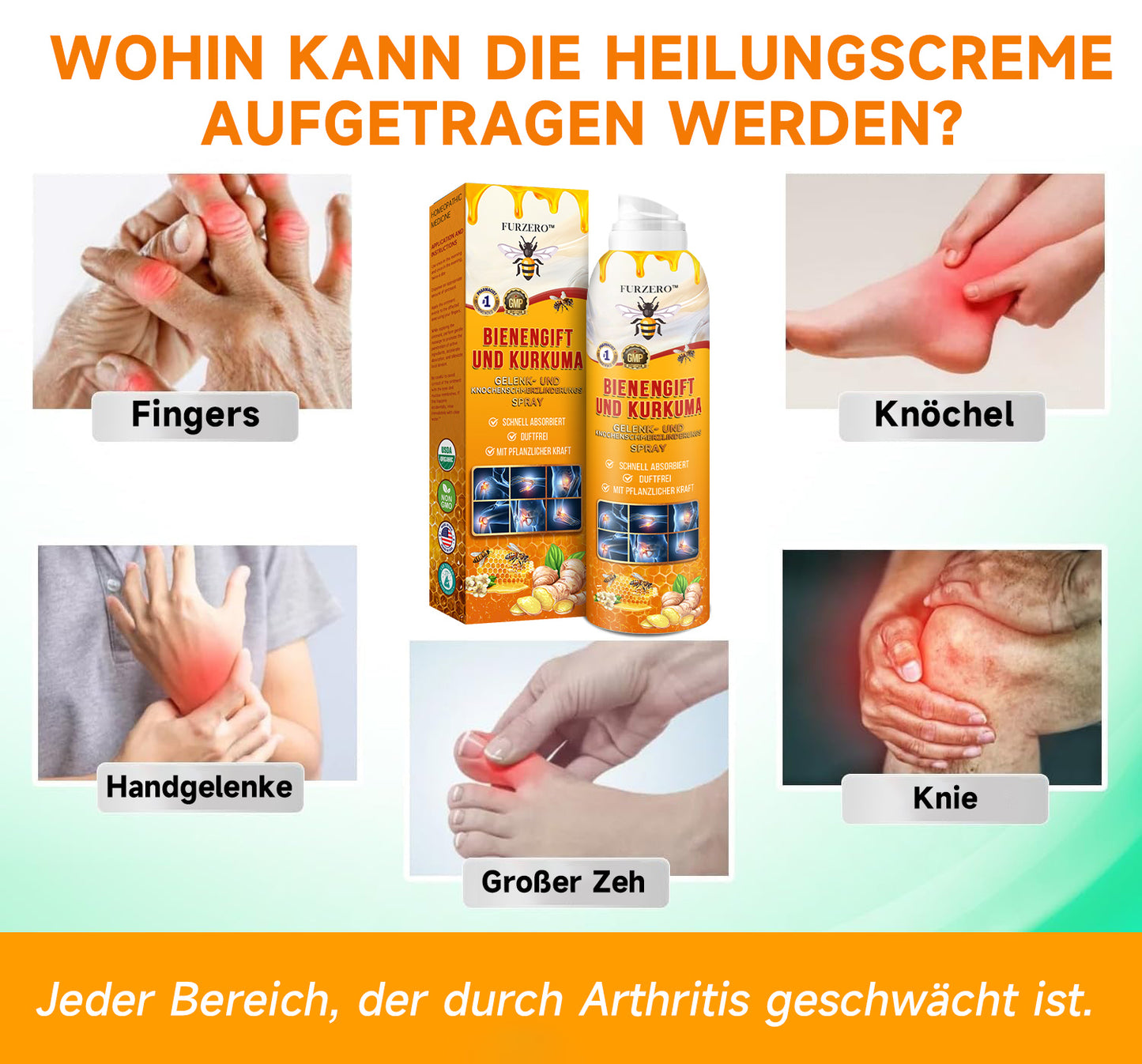 Furzero™ Bienengift- und Kurkuma-Gelenk- und Knochenschmerzlinderungs-Spray (Spezialisiert auf Gelenk- und Arthritisbeschwerden & empfohlen von der AAOS)