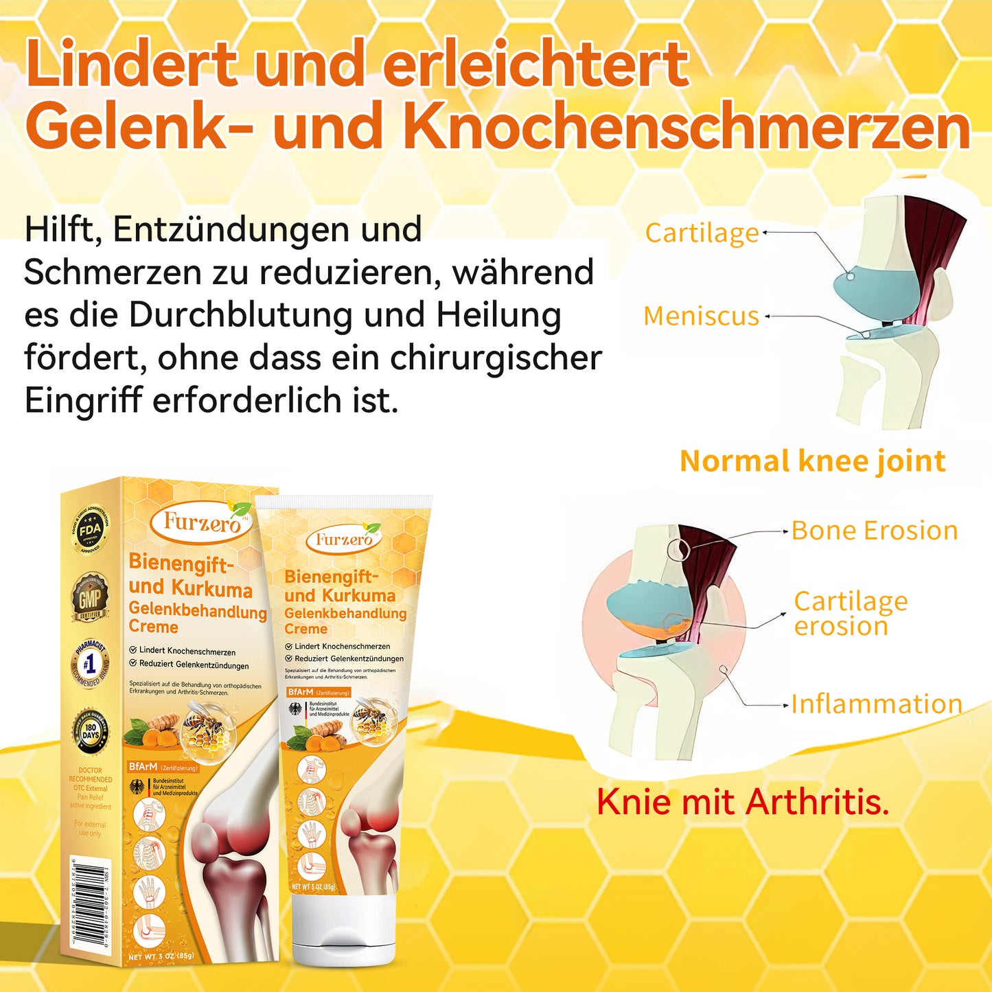 👩‍⚕️✅Furzero™ Bienengift- und Kurkuma-Gelenkbehandlung-Creme (Spezialisiert auf die Linderung von orthopädischen Beschwerden und Arthritisschmerzen)